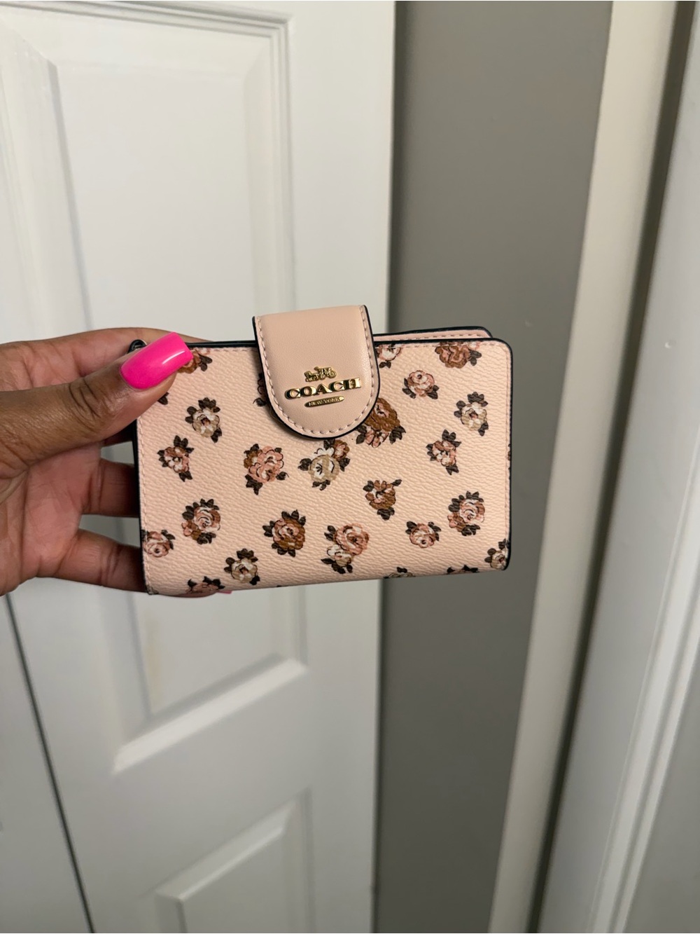 COACH Pink Floral Small Wallet with Gold Logo Snap